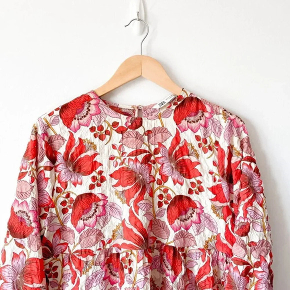 Zara Floral Tiered Babydoll 3/4 Sleeve Dress Red  Pink Size XS - Picture 6 of 10